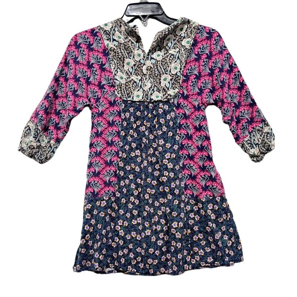 Zara Navy & Pink Mixed-Print Long-Sleeve Dress